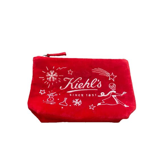 Kiehl's Red Soft Velvet Makeup Bag Cosmetic Pouch Holiday White Embroidery - Picture 1 of 6